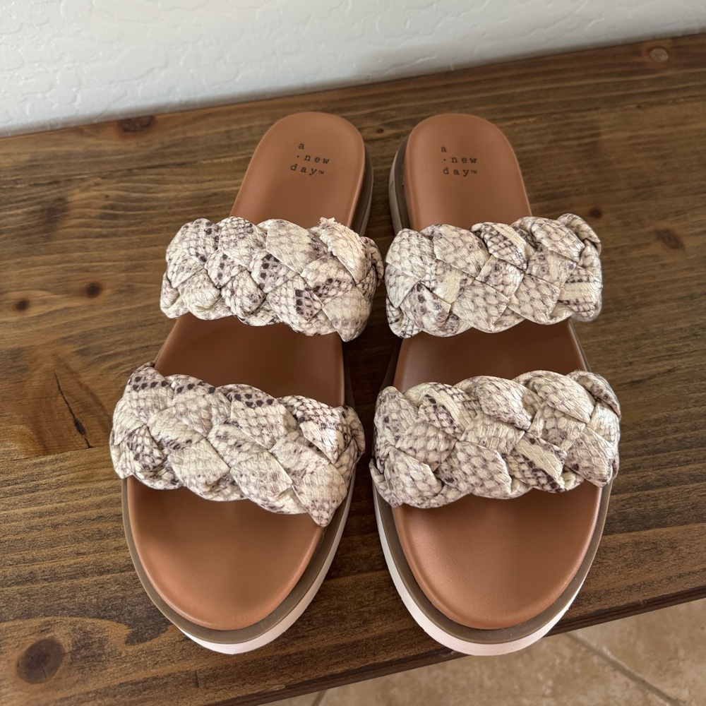 A New Day Women's Snakeskin Braided Sandals - Cream and Brown